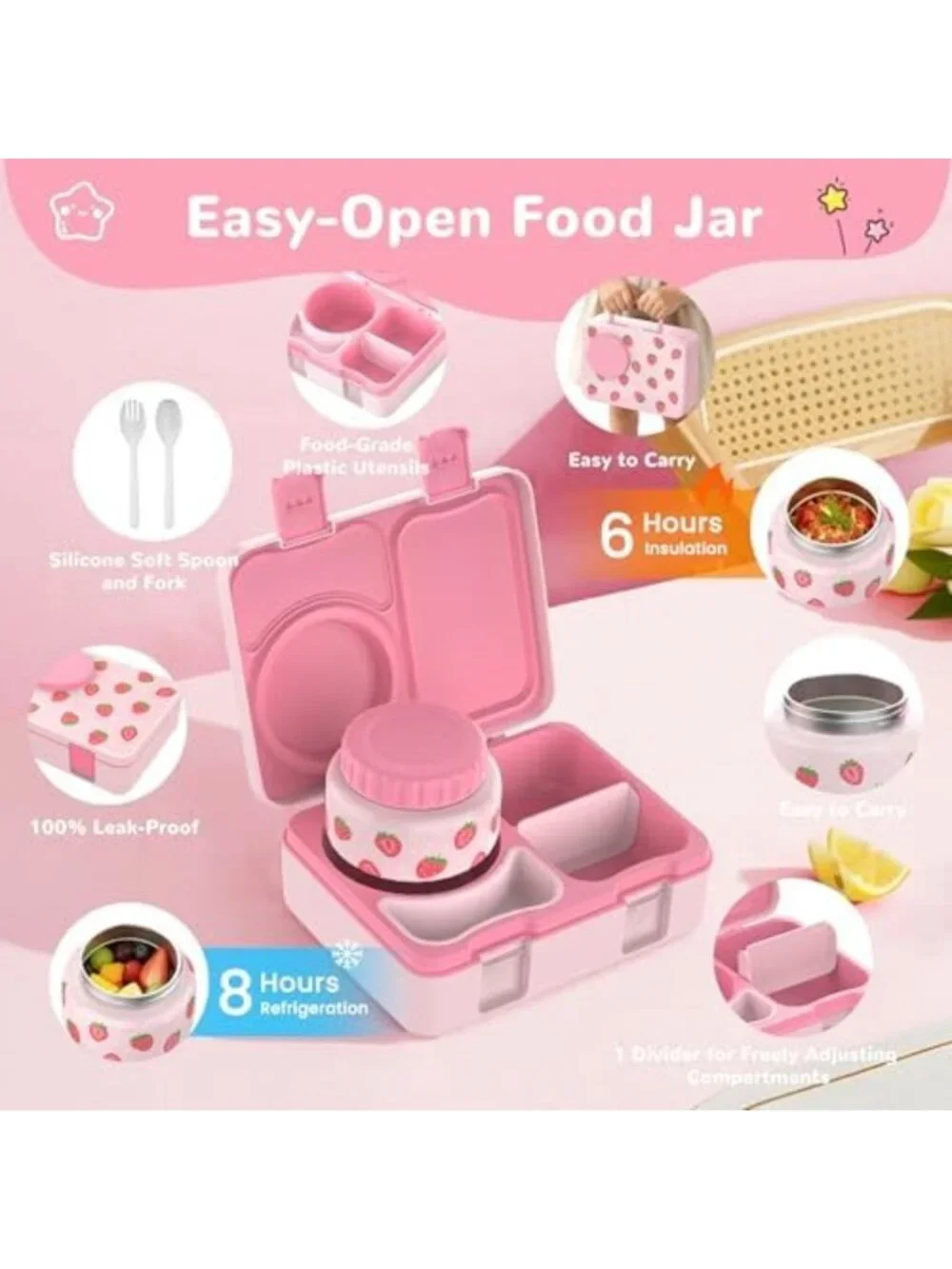 Kids Bento Box Set with Food Jar, Water Bottle & Lunch Bag - Strawberry Design